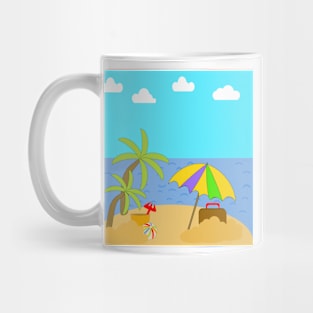 A vacation on a beach with palm trees, Ocean, sky and clouds with Umbrella, suitcase and beach toys. Mug